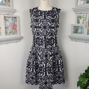 Escada Jacguard Fit & Flare Navy, Black & Gray Wide Pleats Vintage Neo 40 / 10